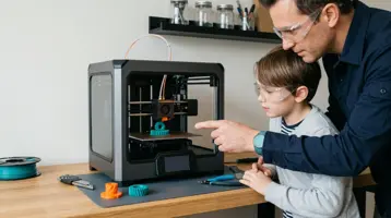 Voksen og barn med beskyttelsesbriller ser på et tandhjul, der printes i en lukket 3D-printer på et køkkenbord