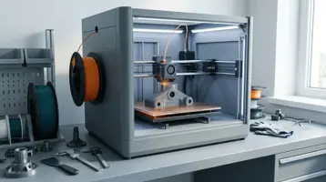 Lukket 3D-printer med opvarmet kammer printer et gråt maskinbeslag, med orange og mørkegrøn filament på reolen ved siden af