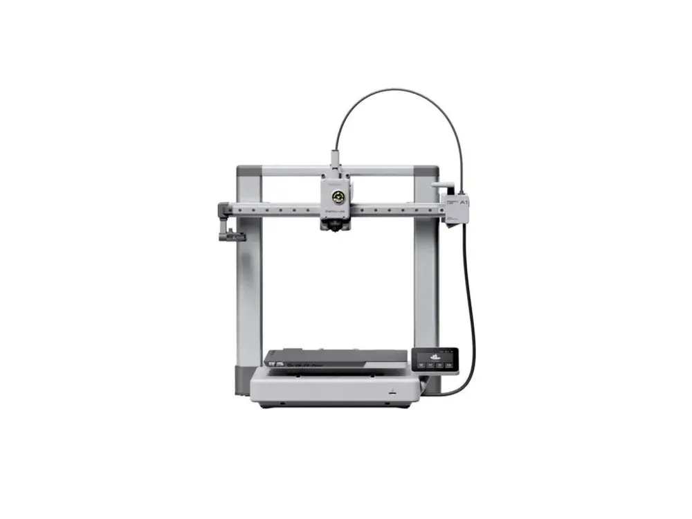Bambu Lab A1 3D-printer i hvid med åben printplade og filamentspole
