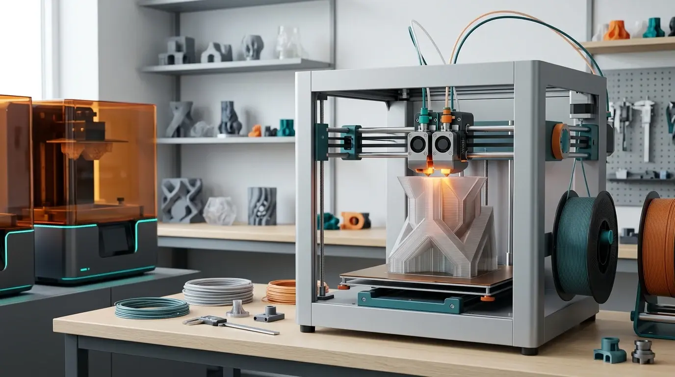 Værksted med både FDM-printer og resin-printer i drift og hylder fulde af færdige 3D-printede emner