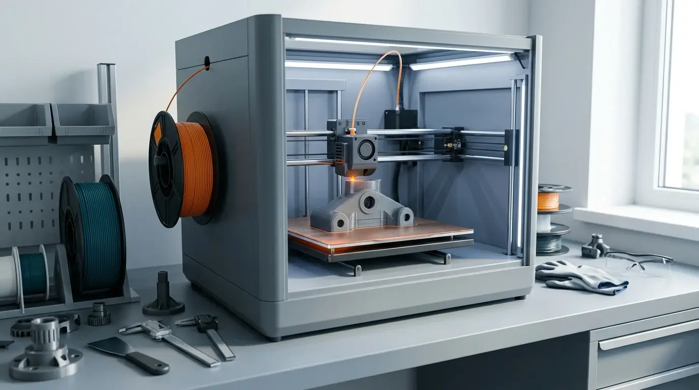 Lukket 3D-printer med opvarmet kammer printer et gråt maskinbeslag, med orange og mørkegrøn filament på reolen ved siden af