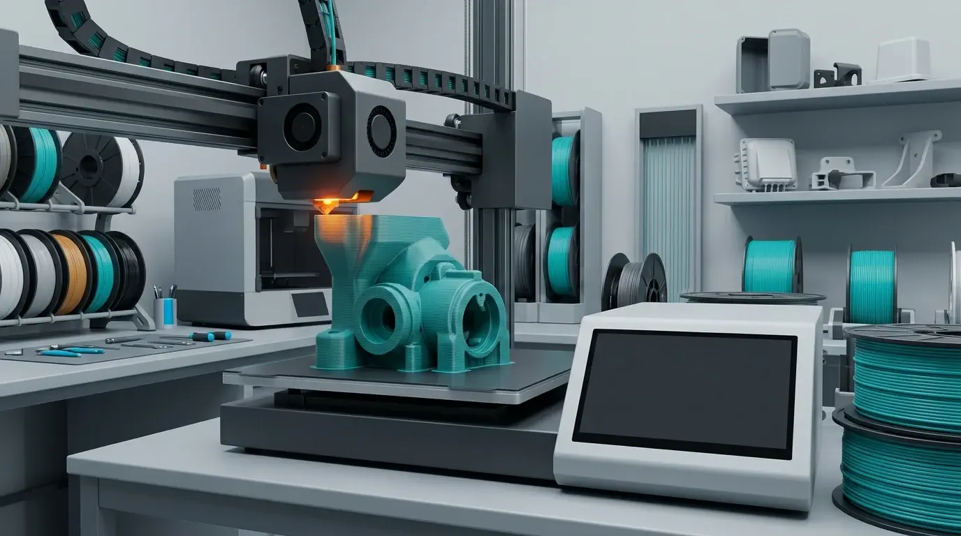 Desktop-3D-printer i gang med at printe et teknisk emne i turkis filament, omgivet af filamentspoler på et lyst værksted