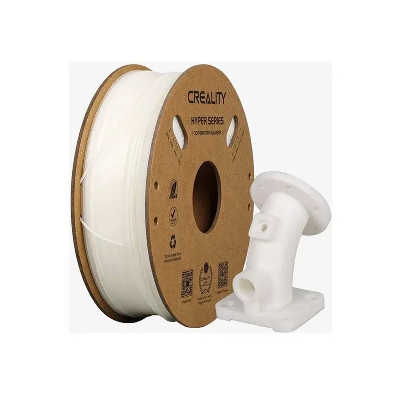 Creality Hyper Series ABS-filament i hvid ved siden af et printet hvidt rørbeslag