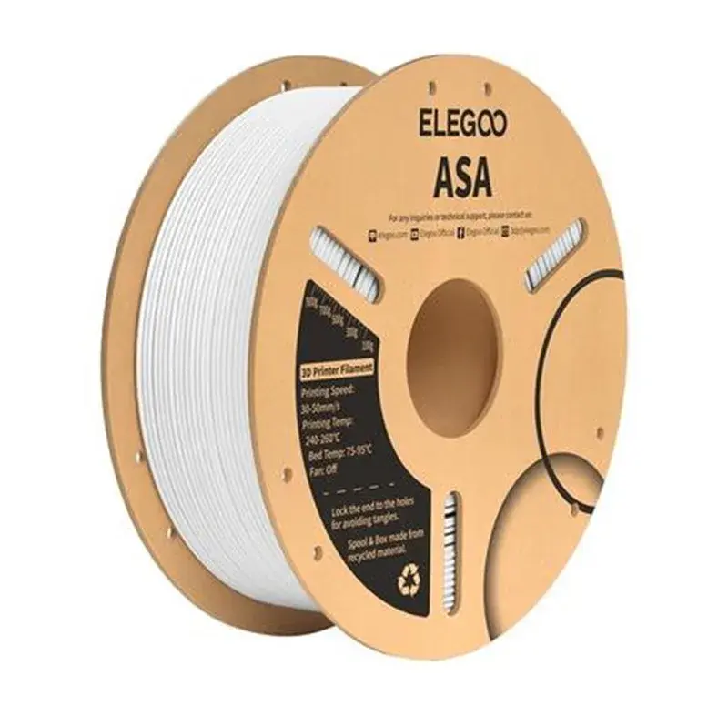 Hvid Elegoo ASA-filamentspole på papkerne med printdata trykt på siden